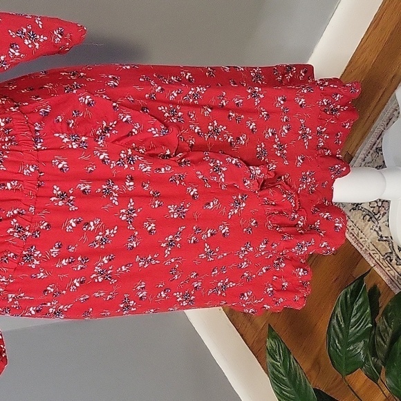 Gap Red Floral Faux Wrap Rayon Pullover Elastic Waist Dress - Size SP - Picture 4 of 8
